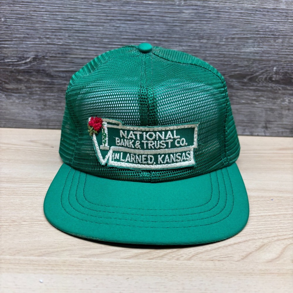 Vintage National Bank & Trust Co Larned Kansas Hat Cap Snap Back Green Trucker